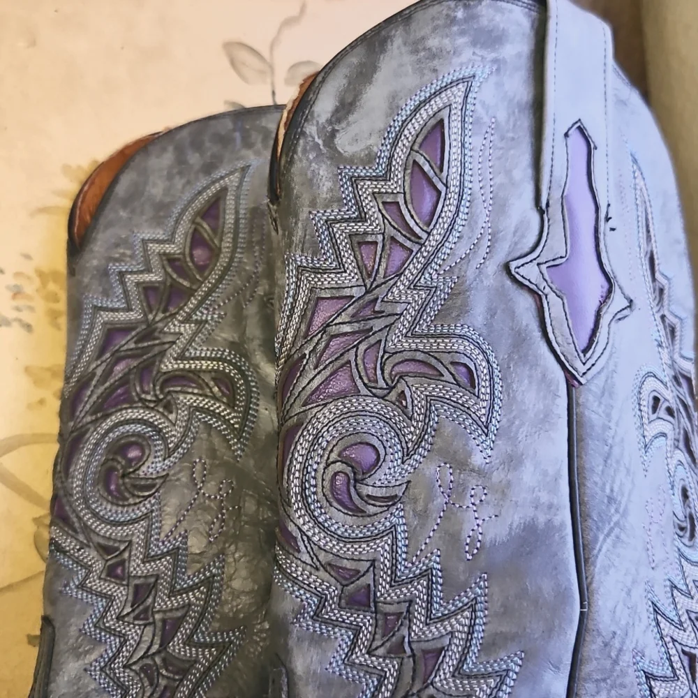 Lucchese All Leather Western Boots Grey, Purple Inlay 9.5 B - Picture 7 of 10